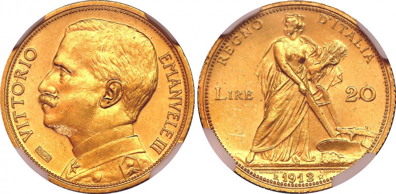 Italy 20 Lire 1912 R NGC MS 63
KM# 48; Vittorio Emanuele III. Mintage 59000. Go...