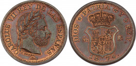 Spain 5 Pesetas 1874 Proba Rare
X# PT3d; Copper 18,84g.; Charles VII; Pretender Coinage; UNC