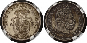 Spain 5 Pesetas 1874 Proba GENI SP63
X# PT3b; Silver, Proof; Specimen; Charles VII; Multicolor patina