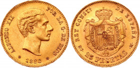 Spain 25 Pesetas 1880 (80) MS-M
KM# 673; Gold (900) 7.98g.; Alfonso XII; AUNC