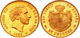 Spain 25 Pesetas 1881 (81) MS-M
KM# 673; Gold (900) 7.99g.; Alfonso XII; AUNC