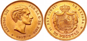 Spain 25 Pesetas 1877 (77) DE-M
KM# 673; Gold (900) 8.00g.; Alfonso XII; XF-AUNC