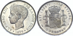 Spain 5 Pesetas 1899 (99) SGV
KM# 707; Silver 24.59g.; Alfonso XIII; UNC, full mint luster. Rare condition.