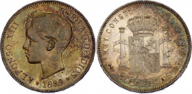 Spain 5 Pesetas 1899 (99) SGV
KM# 707; Silver; Alfonso XIII; UNC with hairlines; first strike