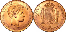 Spain 100 Pesetas 1897 (62) SGV Restrike NGC MS64 
KM# 798; Alfonso XIII. Madrid Mint. Gold (.900), 32.25g. UNC.