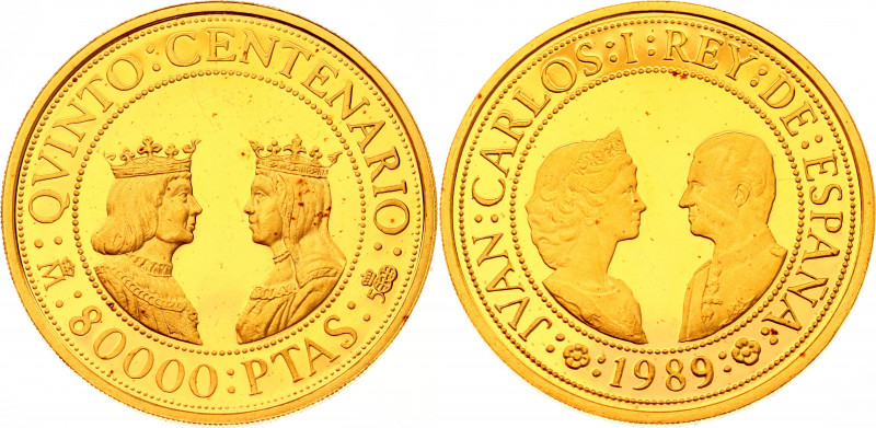 Spain 80000 Pesetas 1989
KM# 845; Gold (999) 26.63g.; Juan Carlos I; Discovery ...