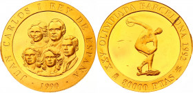 Spain 80000 Pesetas 1990
KM# 879; Gold (999) 26.87g.; Juan Carlos I; 1992 Olympics; Edge damage; Proof