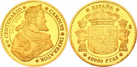 Spain 40000 Pesetas 2000
Fr# 396; Charles V - 500th Anniversary. Portrait of Charles V as designed by León Leoni. Madrid Mint. Gold (.999), 15.5g. Pr...