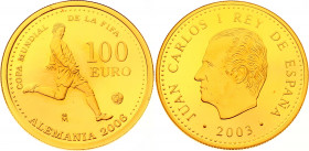 Spain 100 Euro 2003 M
KM# 1077; Gold (999) 6.75g.; Juan Carlos Ie; FIFA World Cup 2004; Proof