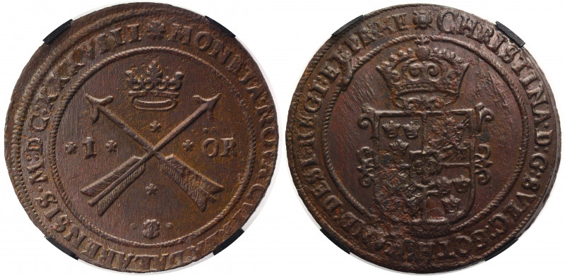 Sweden 1 Ore 1638 RNGA MS62BN
KM# 161; Copper; Kristina; Mint: Sater; UNC