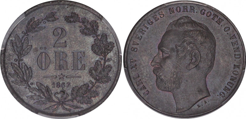 Sweden 2 Ore 1867 LA PCGS MS 64
KM# 706; Bronze; Carl XV Adolf. UNC. Mint luste...