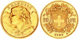 Switzerland 20 Francs 1927 B
KM# 35.1; Gold (.900) 6.45 g., 21.00 mm.; Vreneli; UNC