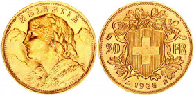 Switzerland 20 Francs 1935 LB
KM# 35.1; Gold (.900) 6.45 g., 21.00 mm.; Vreneli; UNC