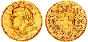Switzerland 20 Francs 1935 LB
KM# 35.1; Gold (.900) 6.45 g., 21.00 mm.; Vreneli; UNC
