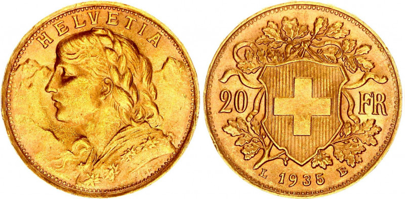 Switzerland 20 Francs 1935 LB
KM# 35.1; Gold (.900) 6.45 g., 21.00 mm.; Vreneli...