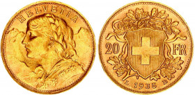 Switzerland 20 Francs 1935 LB
KM# 35.1; Gold (.900) 6.45 g., 21.00 mm.; Vreneli; UNC