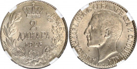 Yugoslavia 2 Dinara 1925 GENI MS64
KM# 4, Mandic 4a; Aleksandar I. By Pattey. Brussels Mint. Extemely difficult to find in higher grades.