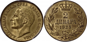 Yugoslavia 2 Dinara 1925 PATTERN PCGS SP65
KM# Pn13; Aluminium-bronze; Aleksandar I; By Pattey; Essai on the top right