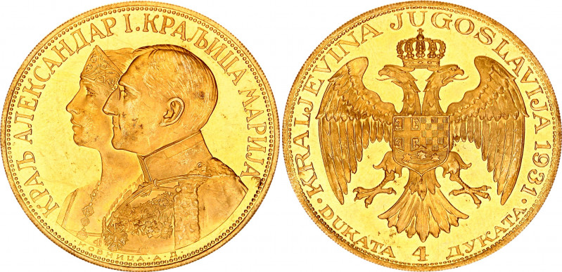 Yugoslavia 4 Dukat 1931 K
KM# 14.1; Sword & Birds; Gold (.986) 13.96 g., 40 mm....