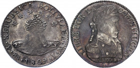 Bolivia 8 Soles 1829 PTS JM
KM# 97; Silver 26,96g.; Tree center with 2 alpacas laying below, 6 6-pointed stars on curved line above tree, country nam...