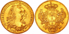 Brazil 6400 Reis 1786 R
KM# 199.2; Gold (917) 14.18g.; Maria I and Pedro III; XF