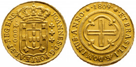 Brazil 4000 Reis 1809
KM# 235.1; Date between dots, large crown; Gold (.917) 8.06 g., 27 mm.; João, Prince Regent