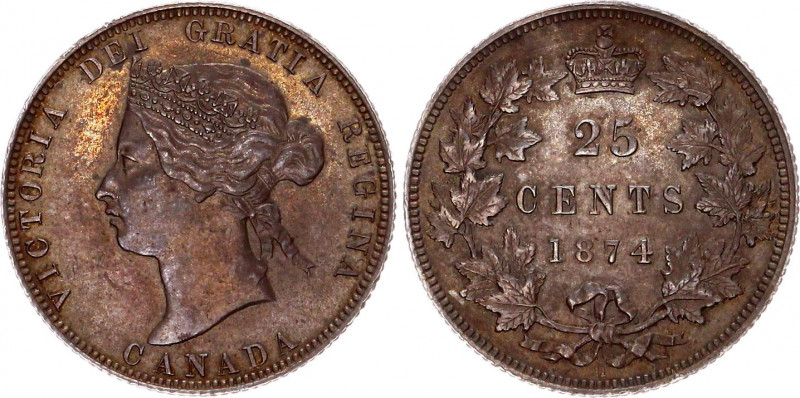 Canada 25 Cents 1874 H
KM# 5; Silver; Victoria; Krauze MS 60 - 450$; AUNC/UNC w...