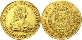 Chile 8 Escudos 1757 So J
KM# 3; Gold (917) 26.19g.; Fernando VI; VF-XF