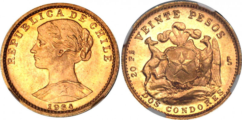 Chile 20 Pesos 1964 So NGC MS 64
KM# 168; Gold (.900) 4.06 g., 18.5 mm.; With f...
