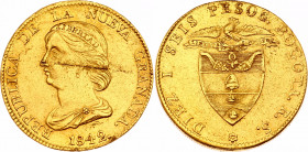 Colombia 16 Pesos 1842 RS
KM# 94.1; Republic of New Granada. Bogota Mint. Gold (.875), 27g. AUNC, mint luster remains.