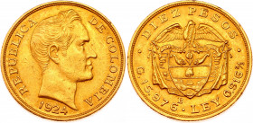 Colombia 10 Pesos 1924 B
KM# 202; Gold (917) 15.83g.; Simon Bolivar; XF-AUNC