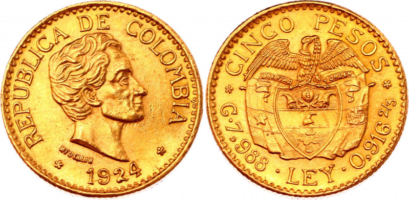 Colombia 5 Pesos 1924 MFDELLIN
KM# 204; Gold (917) 7.86g.; Simon Bolivar; XF-AU...
