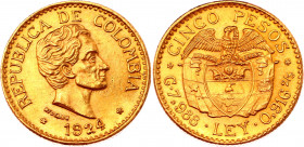 Colombia 5 Pesos 1924 MFDELLIN
KM# 204; Gold (917) 7.86g.; Simon Bolivar; XF-AUNC