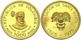 Colombia 1000 Pesos 1975 (ND)
KM# 259; Gold (900) 4.27g.; 450th Anniversary - City of Santa Marta; Mintage 2500 pcs; Proof