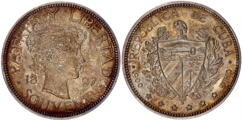 Cuba 1 Souvenir Peso 1897
Y# 1; Type II; Date closely spaced; Silver; AUNC with...