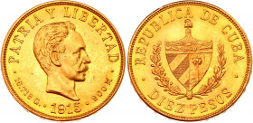Cuba 10 Pesos 1915
KM# 20; Gold (900) 16.55g.; Jose Marti; AUNC