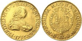 Mexico 8 Escudos 1756 MM
KM# 151; Gold (917) 26.54g.; Fernando VI; VF