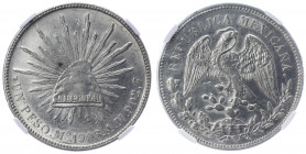 Mexico 1 Peso 1908 Mo AM NGC MS62
KM# 409.2; Silver; UNC