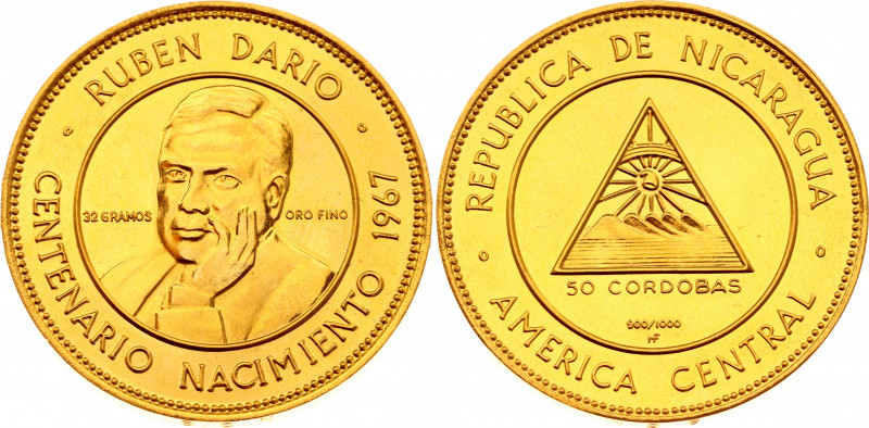 Nicaragua 50 Cordobas 1967 HF
KM# 25; Gold (900) 35.20g.; 100th Anniversary - B...