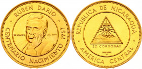 Nicaragua 50 Cordobas 1967 HF
KM# 25; Gold (900) 35.20g.; 100th Anniversary - Birth of Ruben Dario; Prooflike