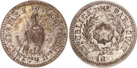 Paraguay 10 Cents Pattern Struck over Argentina 10 Centavos 1882 (ND)
Silver 2.48 g.; Radiant star within a wreath, unfinished dated 18-- below / A l...