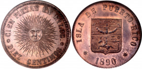 Puerto Rico 10 Centavos 1890 Pattern NGC PF66RB
KM# Pn1; Bronze