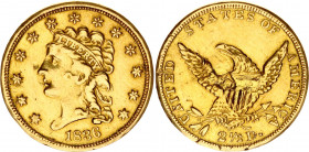 United States 2-1/2 Dollars 1836
KM# 56; Gold (.899) 4.11 g., 18.2 mm.; "Classic Head, No Motto On Reverse - Quarter Eagle"; VF