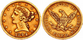 United States 5 Dollars 1844
KM# 69; Gold (.900) 8.20 g., 21.6 mm.; Coronet Head; Small type - No motto; XF