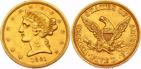United States 5 Dollars 1861
KM# 69; Gold (.900) 8.26 g., 21.6 mm.; Coronet Head; Small type - No motto; XF