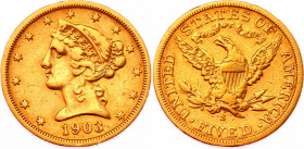 United States 5 Dollars 1903 S
KM# 101; Gold (900) 8.16g.; VF-XF