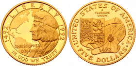 United States 5 Dollars 1992 W
KM# 239; Gold (900) 8.28g.; Christopher Columbus Quincentenary; Proof