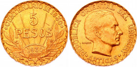 Uruguay 5 Pesos 1930 A
KM# 27; Gold (917) 8.40g.; Constitution Centennial; XF-AUNC