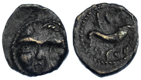 GADIR, Cádiz. Cuarto (segunda mitad del S. II a.C.). A/ Cabeza de Helios de fren...