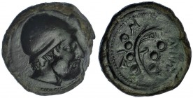 SICILIA. Lipara. Hemilitra (420-400 a.C.). A/ Busto barbado de Eolo con pileo. R/ Aplustre entre seis puntos; LIPARA-ION. AE 40,90 g. COP-1085 vte. Al...